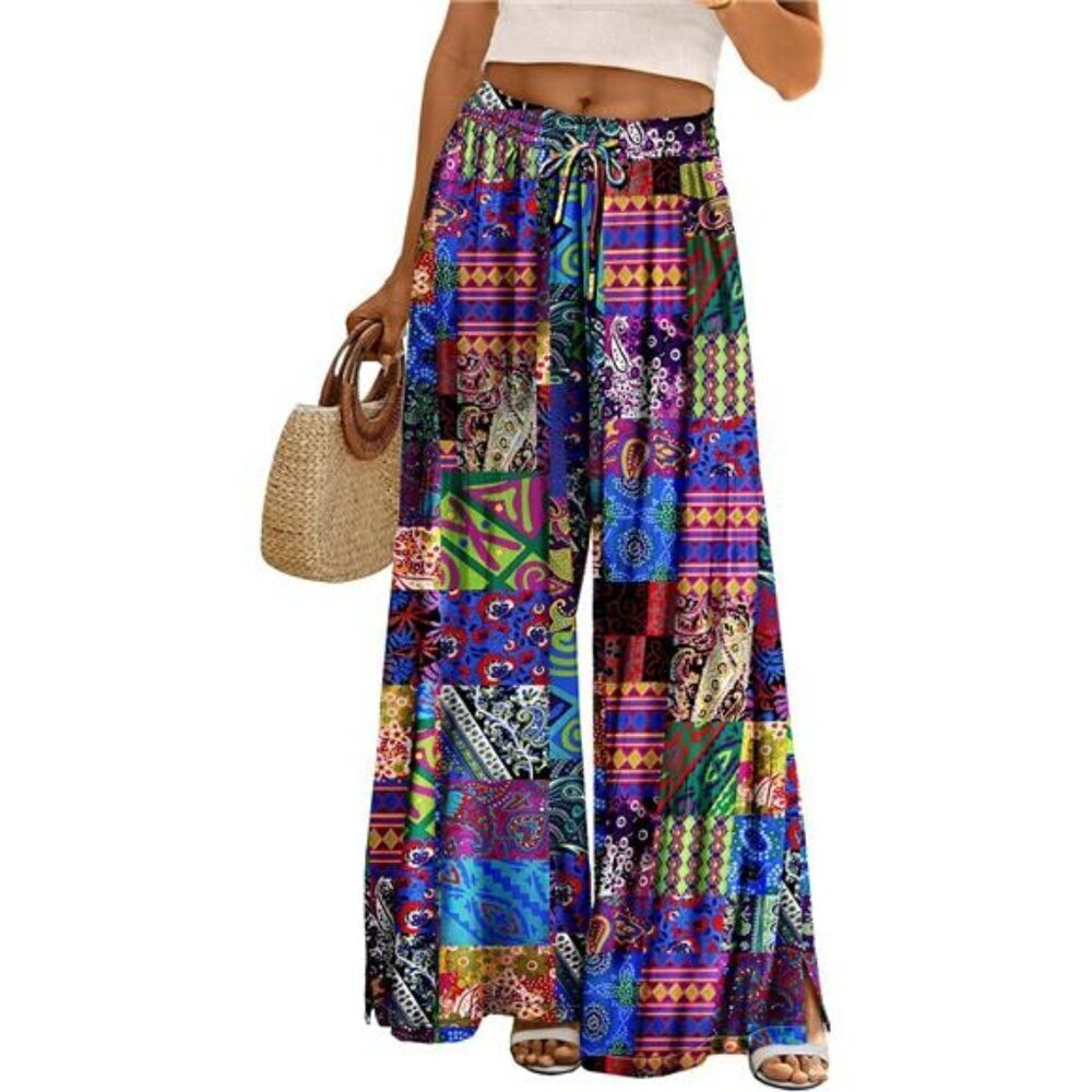 Boho Palazzo Pants Women High Waist Wide Leg Cotton Floral Lounge Trousers